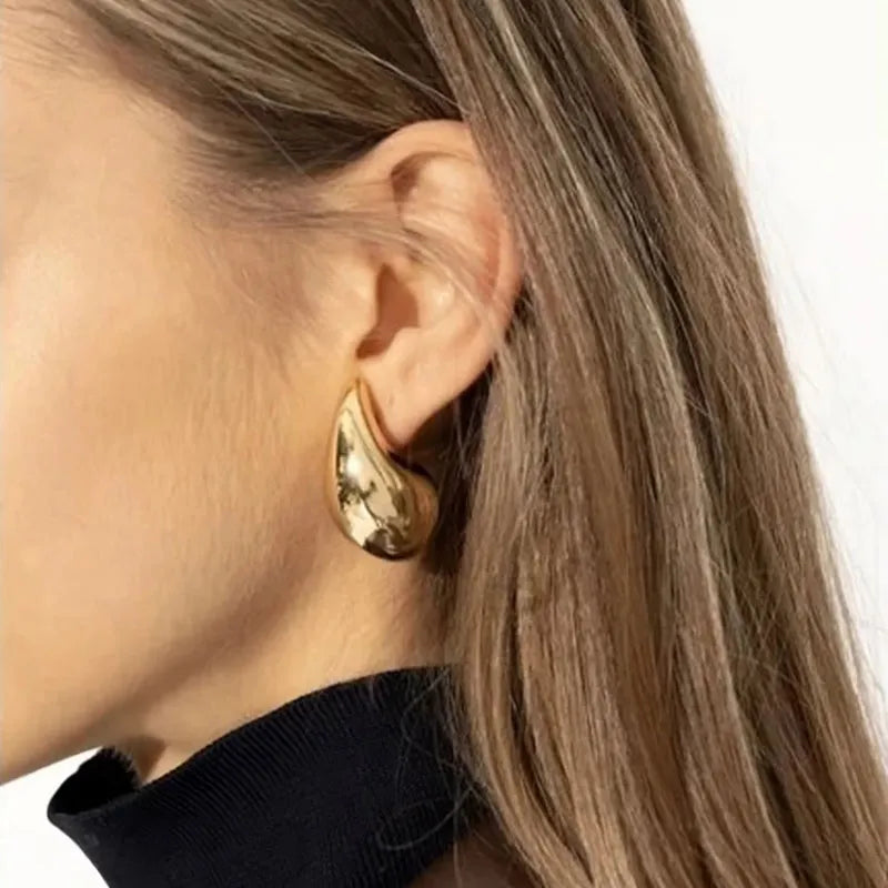 Stainless Steel Gold Plated Chunky Dome Water Drop Earring for Women Vintage Glossy Thick Teardrop Hoops Earrings Jewelry
