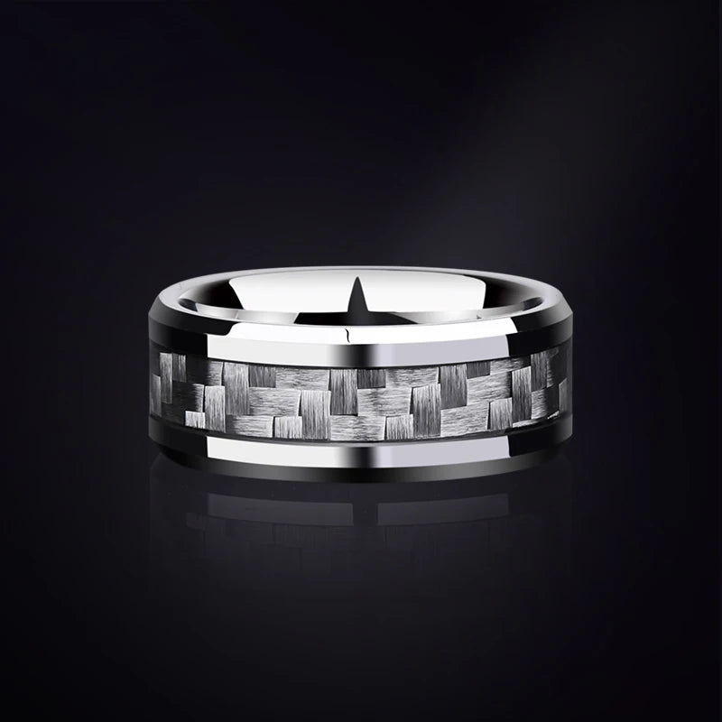 8mm Width Tungsten Engagement Rings with Name for Men High Polished Inlay Black/White Carbon Fiber Size 6-14 Free Engraving