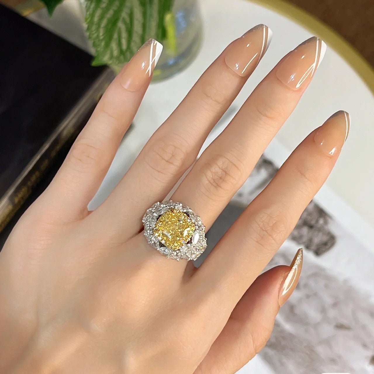 Adjustable Big Bling Yellow Zircon Stone Silver Ring
