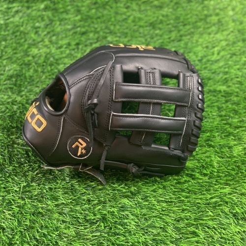 12 inch Flash glove, right hand thrower, black, gold Rico logos, black laces, with H web.