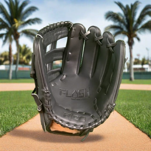 12 inch Flash glove, right hand thrower, black, gold Rico logos, black laces, with H web.