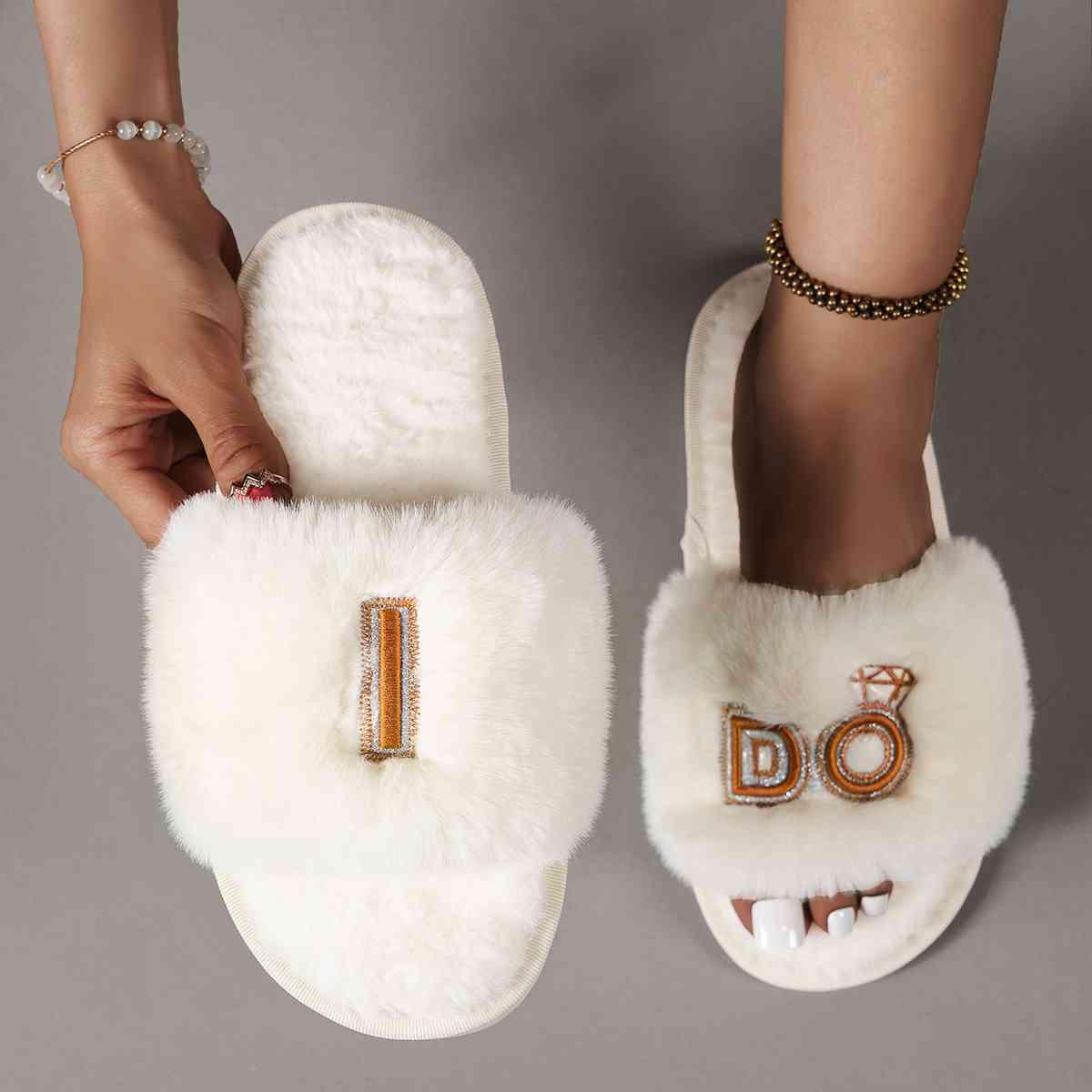 Faux Fur Open Toe Slippers