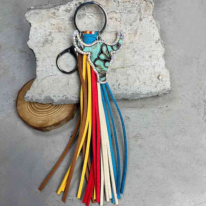 Rhinestone Bull Keychain with Tassel