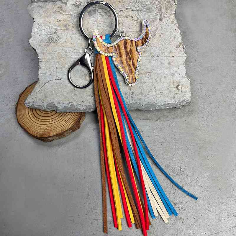 Rhinestone Bull Keychain with Tassel