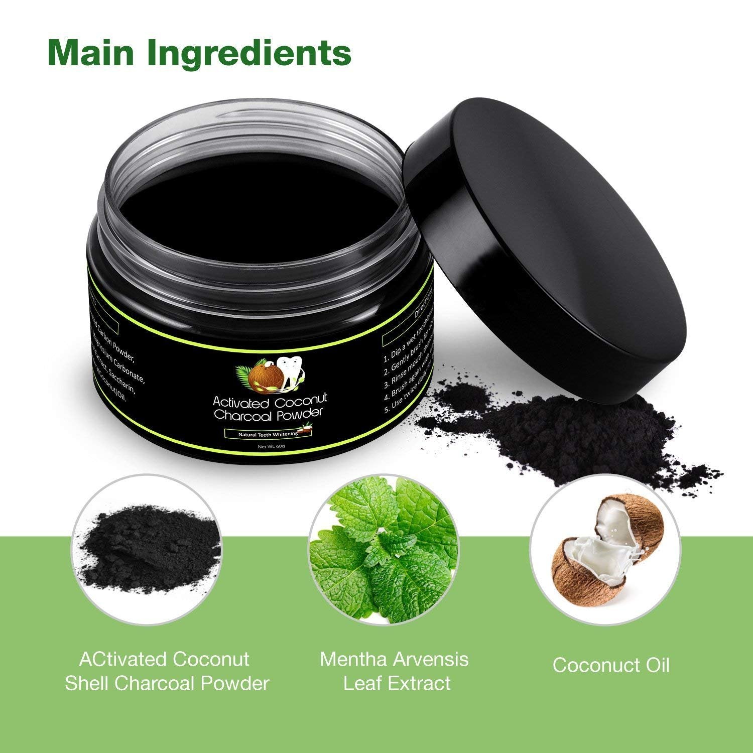 ProNoir Activated Charcoal Natural Teeth Whitening Powder Kit Wintermint Flavour by Fiery Youth - Organic Coconut Charcoal Powder, Removes Coffee Cigarette Stains, Works Well with Toothpaste