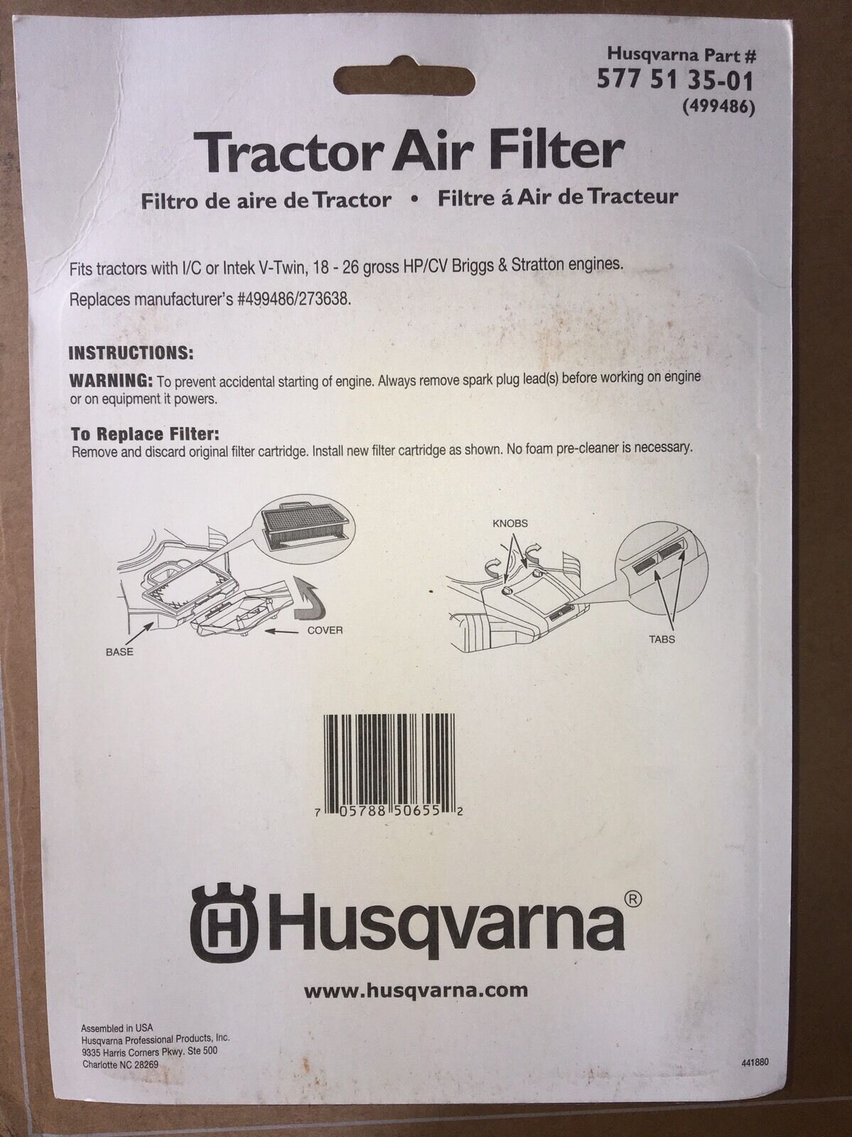 Husqvarna Husqvarna Air Filter (B&S V Twin Intek Engine) OEM499486 - - new