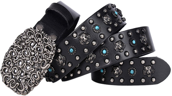 DEEPKEE original nubuck handmade full-grain genuine leather cowhide bag Heavy Industry Trend Rivets Punk Inlaid Imitation Tturquoise Cowhide Belt #191207