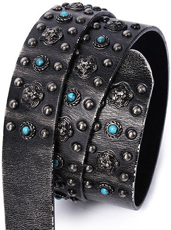 DEEPKEE original nubuck handmade full-grain genuine leather cowhide bag Heavy Industry Trend Rivets Punk Inlaid Imitation Tturquoise Cowhide Belt #191207