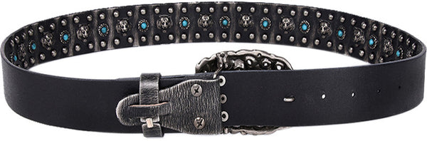 DEEPKEE original nubuck handmade full-grain genuine leather cowhide bag Heavy Industry Trend Rivets Punk Inlaid Imitation Tturquoise Cowhide Belt #191207