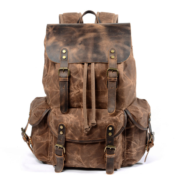 DEEPKEE original nubuck handmade full-grain genuine leather cowhide bag Classic Oil-Wax Canvas Drawstring Backpack #6105Z