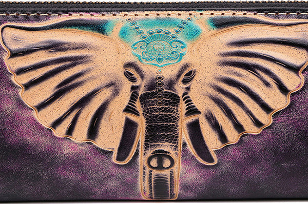 DEEPKEE original nubuck handmade full-grain genuine leather cowhide bag Tooled Ganesha Elephant God Handmade Leather Wallets #201123