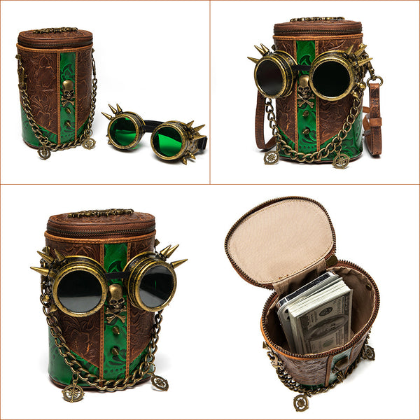 DEEPKEE original nubuck handmade full-grain genuine leather cowhide bag Deepkee Exquisite Goggles Skull Cowhide Bucket Bag #G199B