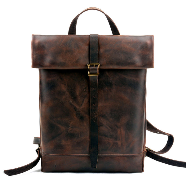 DEEPKEE original nubuck handmade full-grain genuine leather cowhide bag Deepkee Handmade Leather Outdoor Roll-Top Backpack #5141