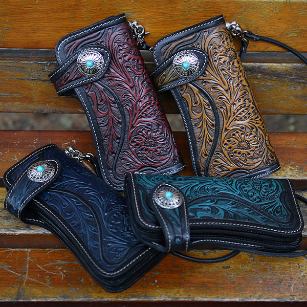 DEEPKEE original nubuck handmade full-grain genuine leather cowhide bag Deepkee Handmade Tooled Leather Floral Biker Wallet Chain 81665