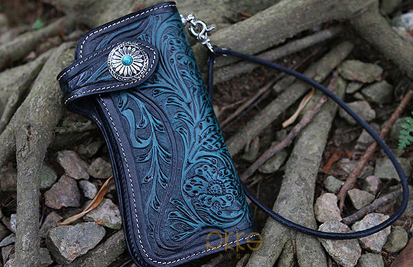 DEEPKEE original nubuck handmade full-grain genuine leather cowhide bag Deepkee Handmade Tooled Leather Floral Biker Wallet Chain 81665