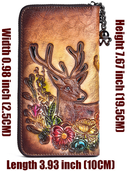 DEEPKEE original nubuck handmade full-grain genuine leather cowhide bag Deepkee Handmade embossed deer cowhide wallet clutch #88007