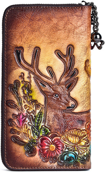 DEEPKEE original nubuck handmade full-grain genuine leather cowhide bag Deepkee Handmade embossed deer cowhide wallet clutch #88007