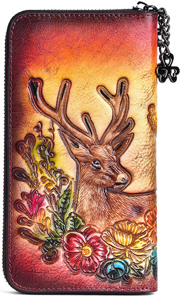 DEEPKEE original nubuck handmade full-grain genuine leather cowhide bag Deepkee Handmade embossed deer cowhide wallet clutch #88007