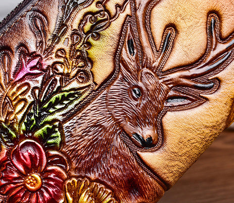 DEEPKEE original nubuck handmade full-grain genuine leather cowhide bag Deepkee Handmade embossed deer cowhide wallet clutch #88007