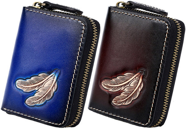 DEEPKEE original nubuck handmade full-grain genuine leather cowhide bag Deepkee Leather Feather Totem Card Holder/Wallet #0926