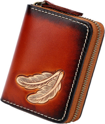 DEEPKEE original nubuck handmade full-grain genuine leather cowhide bag Deepkee Leather Feather Totem Card Holder/Wallet #0926