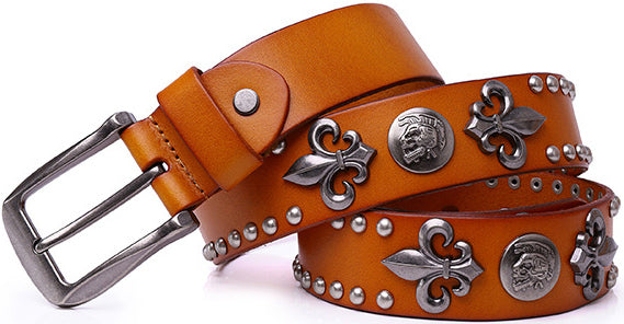 DEEPKEE original nubuck handmade full-grain genuine leather cowhide bag Roman Skull Totem Belt #191012