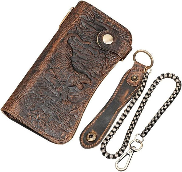 DEEPKEE original nubuck handmade full-grain genuine leather cowhide bag Deepkee Genuine Leather Bifold Wallet Organizer Checkbook Iron Chain #LD052
