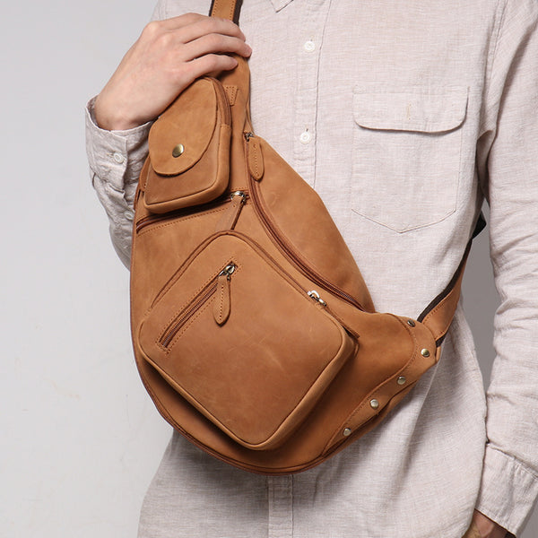 DEEPKEE original nubuck handmade full-grain genuine leather cowhide bag Alden Outdoor Travel Chest Bag No.30073