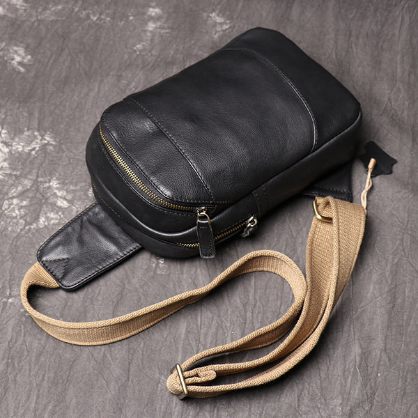 DEEPKEE original nubuck handmade full-grain genuine leather cowhide bag Bud Leather Casual Sling Bag with Canvas Strap No.3396