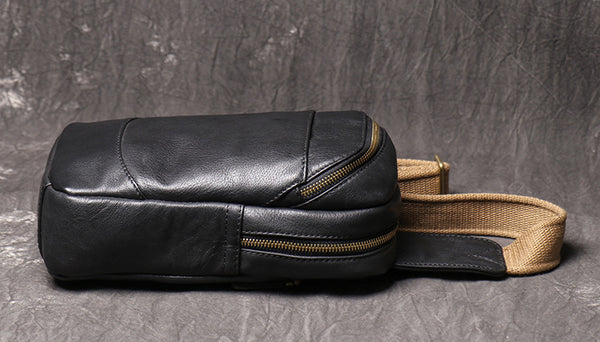 DEEPKEE original nubuck handmade full-grain genuine leather cowhide bag Bud Leather Casual Sling Bag with Canvas Strap No.3396