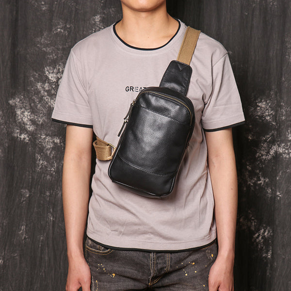 DEEPKEE original nubuck handmade full-grain genuine leather cowhide bag Bud Leather Casual Sling Bag with Canvas Strap No.3396
