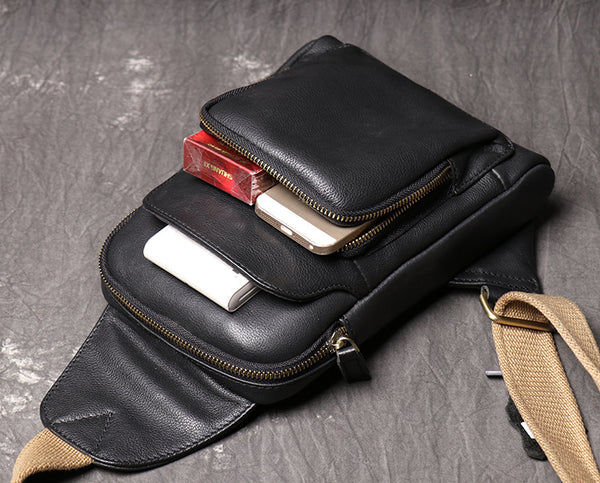DEEPKEE original nubuck handmade full-grain genuine leather cowhide bag Men's Leather Casual Sling Bag with Canvas Strap No.4011