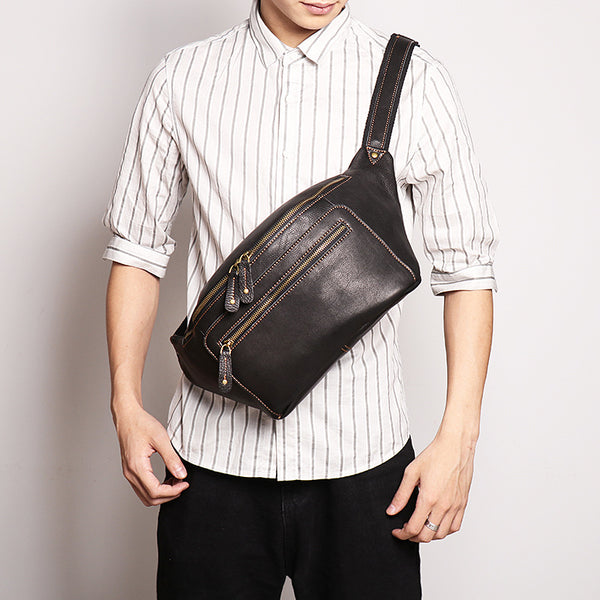 DEEPKEE original nubuck handmade full-grain genuine leather cowhide bag Outdoor cycling chest bag No.30129