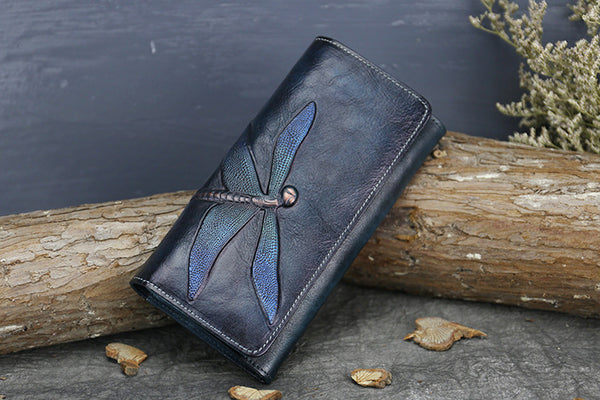 DEEPKEE original nubuck handmade full-grain genuine leather cowhide bag Deepkee Leather Carving Dragonflies Wallet #9630