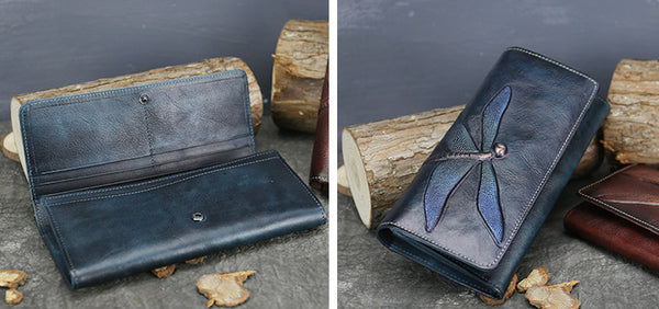 DEEPKEE original nubuck handmade full-grain genuine leather cowhide bag Deepkee Leather Carving Dragonflies Wallet #9630