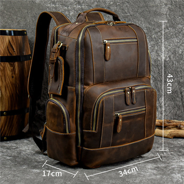 DEEPKEE original nubuck handmade full-grain genuine leather cowhide bag Dwight 18'' Cowhide Laptop Rucksack Backpack No9517