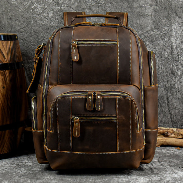 DEEPKEE original nubuck handmade full-grain genuine leather cowhide bag Dwight 18'' Cowhide Laptop Rucksack Backpack No9517