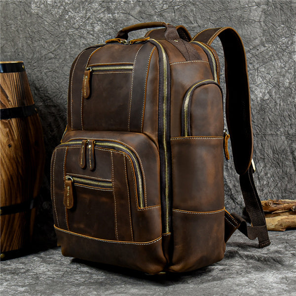 DEEPKEE original nubuck handmade full-grain genuine leather cowhide bag Dwight 18'' Cowhide Laptop Rucksack Backpack No9517