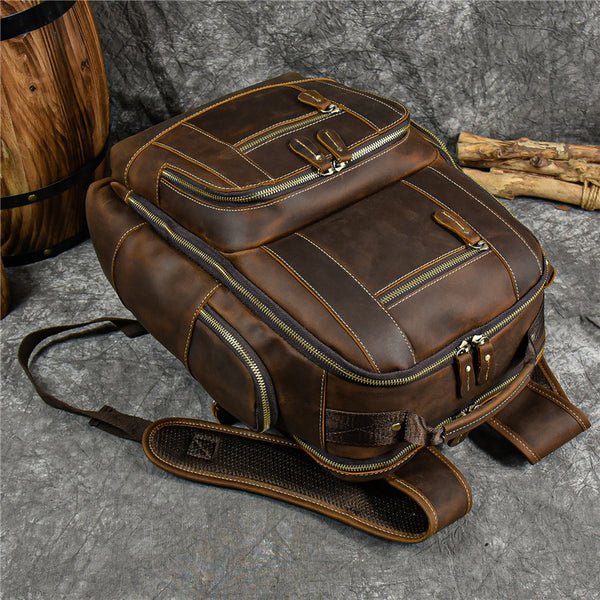 DEEPKEE original nubuck handmade full-grain genuine leather cowhide bag Dwight 18'' Cowhide Laptop Rucksack Backpack No9517