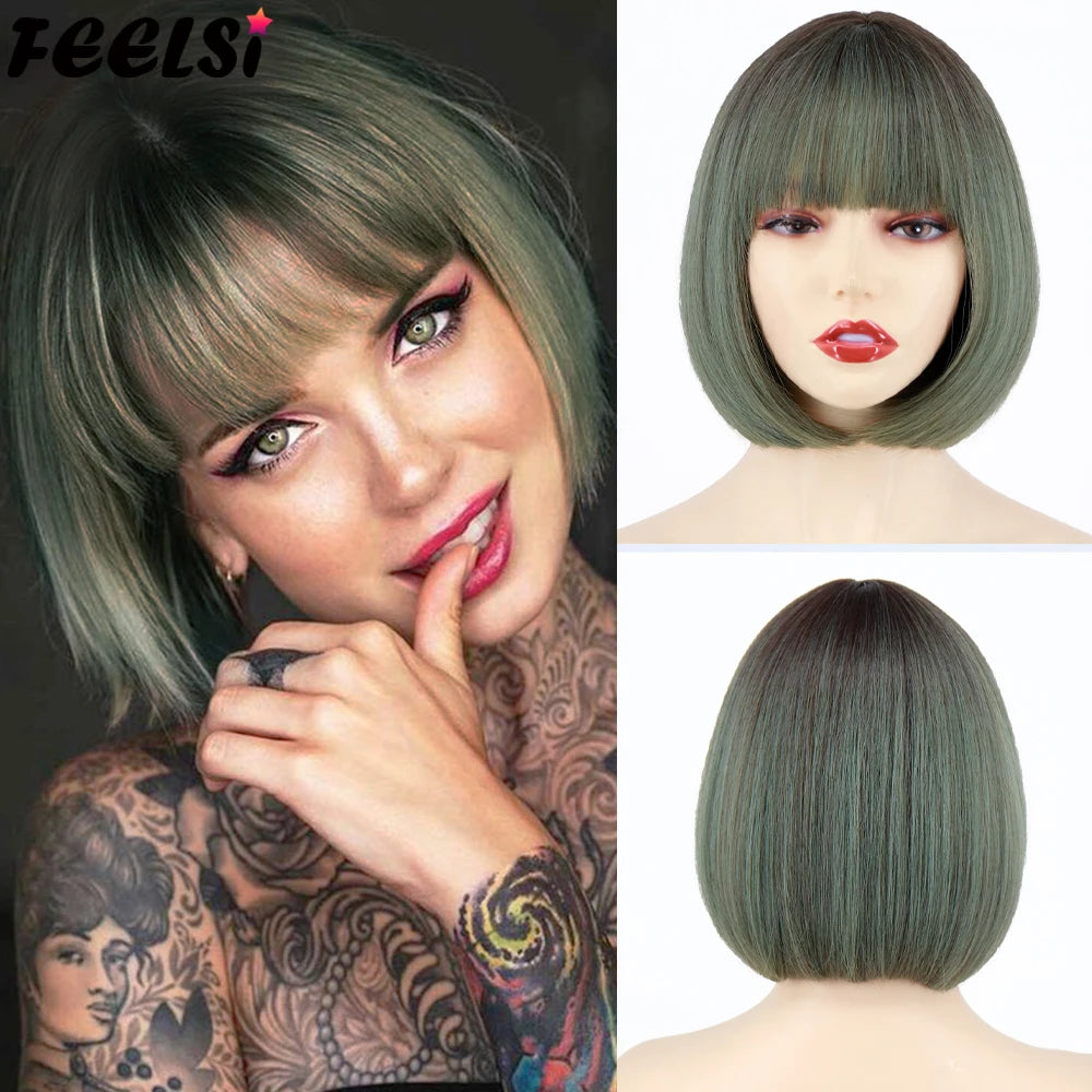 Synthetic Wig Short Platinum Blonde Ombre Wavy Wig Dark Roots with Bangs  for Women Shoulder Length Natural Looking Daily Use