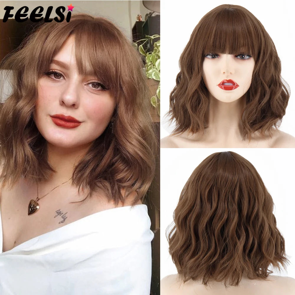 Synthetic Wig Short Platinum Blonde Ombre Wavy Wig Dark Roots with Bangs  for Women Shoulder Length Natural Looking Daily Use