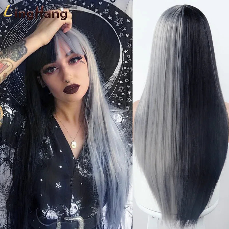 Black And White Long Straight With Bangs Wig Rayon Heat Resistant For Ladies Everyday Cosplay Party Festival