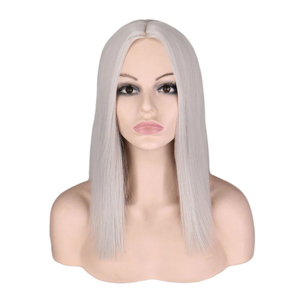 QQXCAIW Short Bob Wig Straight 14 Inch White Cosplay Party Costume High Temperature Fiber Synthetic Hair Wigs