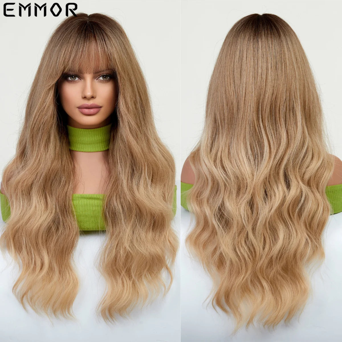 Emmor Synthetic Colorful Long Wavy Wig with Bangs for Women Cosplay Natural Highlight Brown Hair Wig High Temperature Fiber Hair