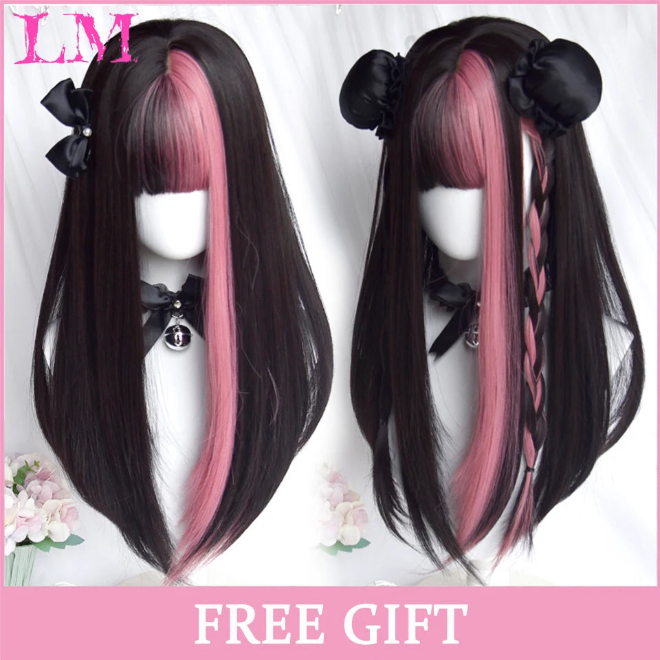 LM Synthetic Hair Long Wave Black And Pink Lolita Wigs For Women Cosplay Wig With Bangs Halloween Christmas Heat Resistant