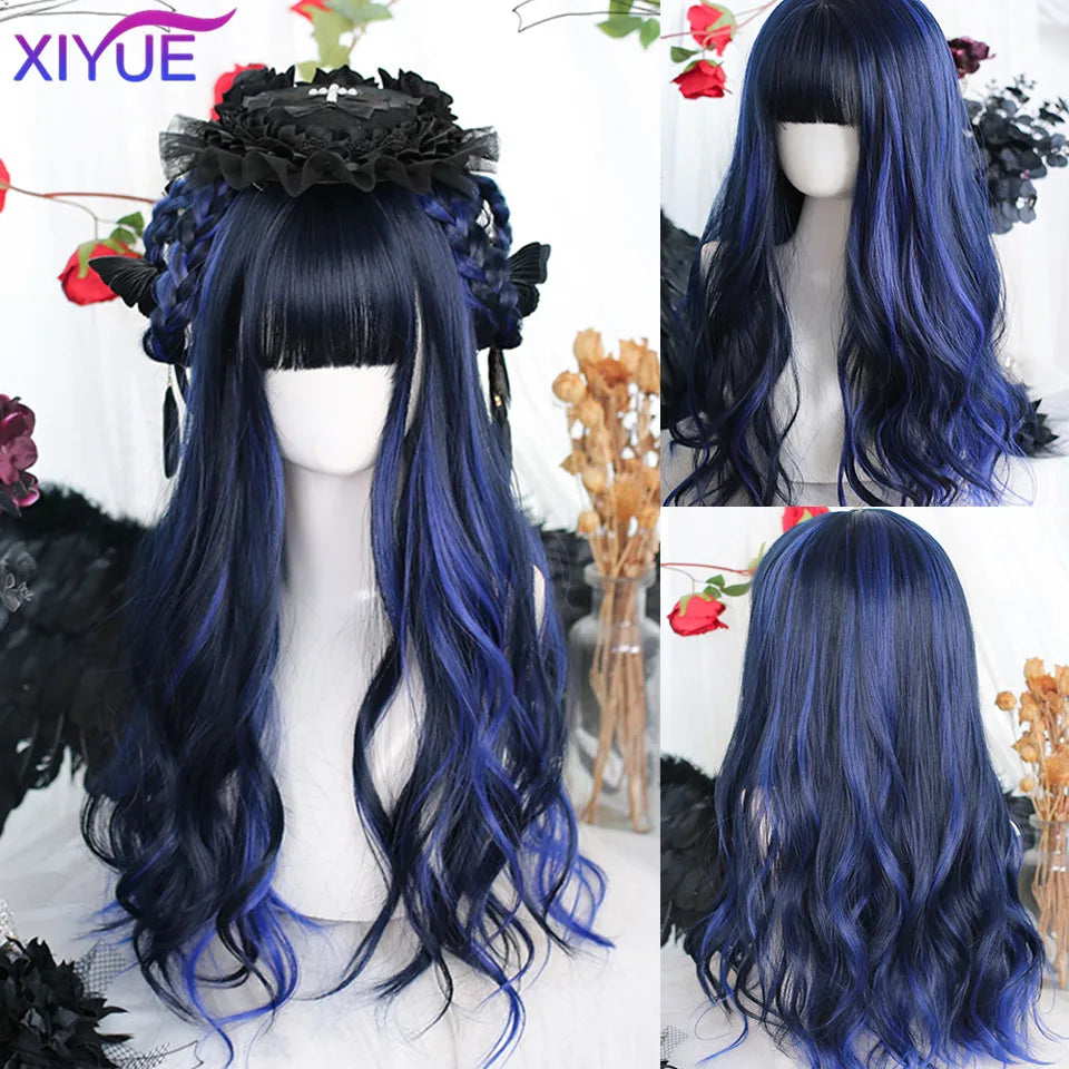 XIYUE Long Straight Black Wig With Bang Synthetic Wigs for Women Heat Resistant Natural Hair for Daily Halloween Cosplay Party