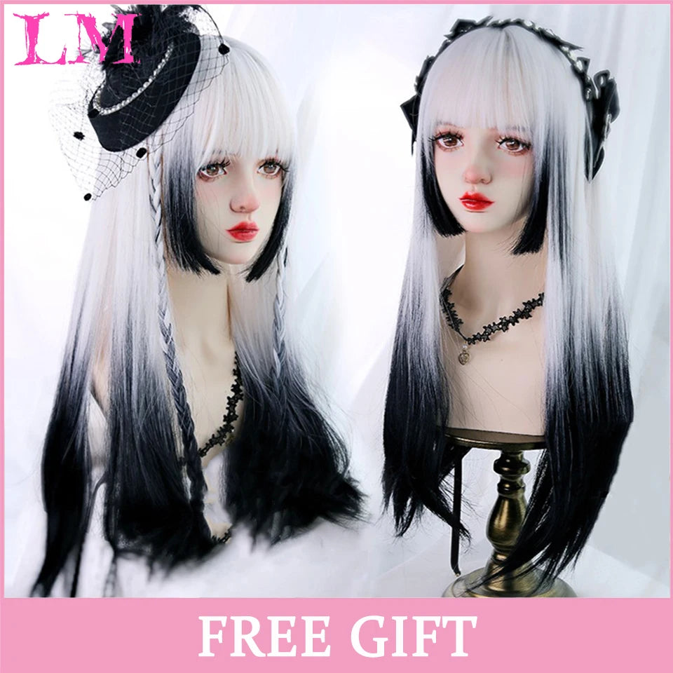 LM Synthetic Hair Long Wave Black And Pink Lolita Wigs For Women Cosplay Wig With Bangs Halloween Christmas Heat Resistant