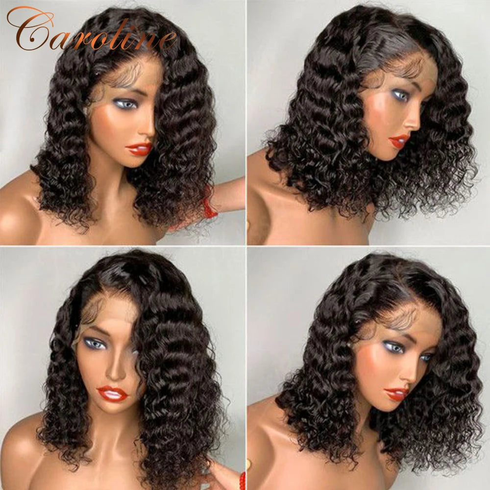 Short Curly Bob Brazilian Human Hair Lace Front Wigs 13X4 Lace Frontal Deep Wave Wig For Black Women 180 Density Guless Wigs