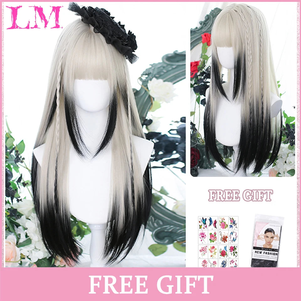 LM Synthetic Hair Long Wave Black And Pink Lolita Wigs For Women Cosplay Wig With Bangs Halloween Christmas Heat Resistant