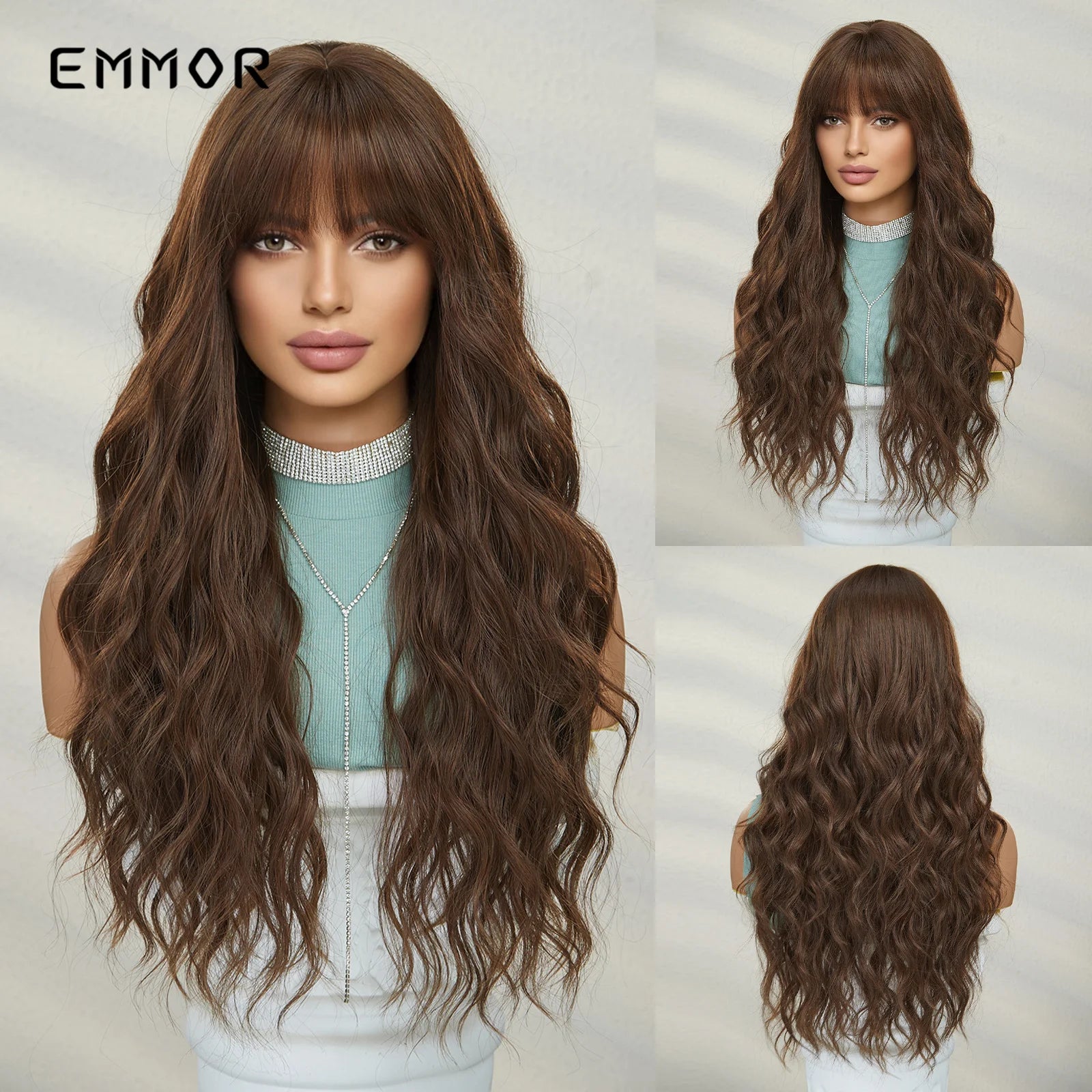 Emmor Synthetic Colorful Long Wavy Wig with Bangs for Women Cosplay Natural Highlight Brown Hair Wig High Temperature Fiber Hair